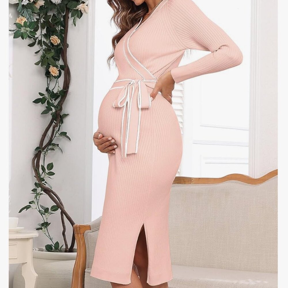 NEW Sealed V for City Maternity Sweater Dress Long Sleeve Wrap V neck Knit Med - Picture 5 of 5